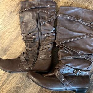 Elegant Brown Studded Heeled Boots